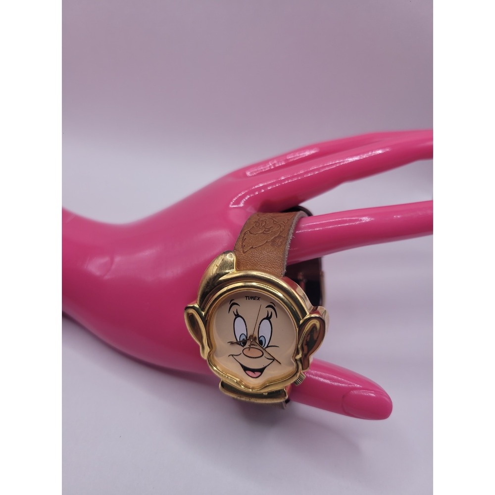 Vintage Disney Dopey Timex Watch Snow White Seven Dwarfs Gold Tone Leather
